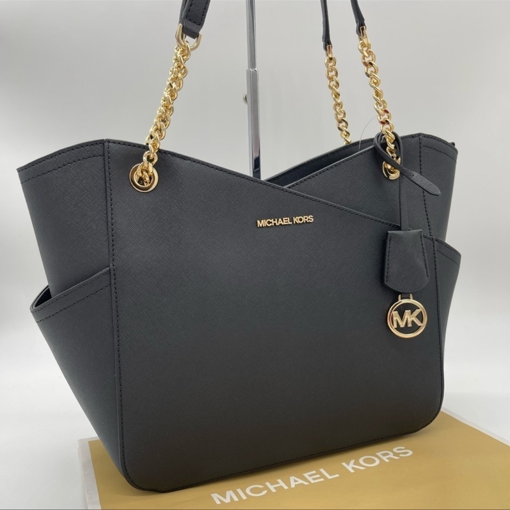 Michael Kors Large X Chain Shoulder Tote Bag Rich Black Leather - Picture 1 of 10